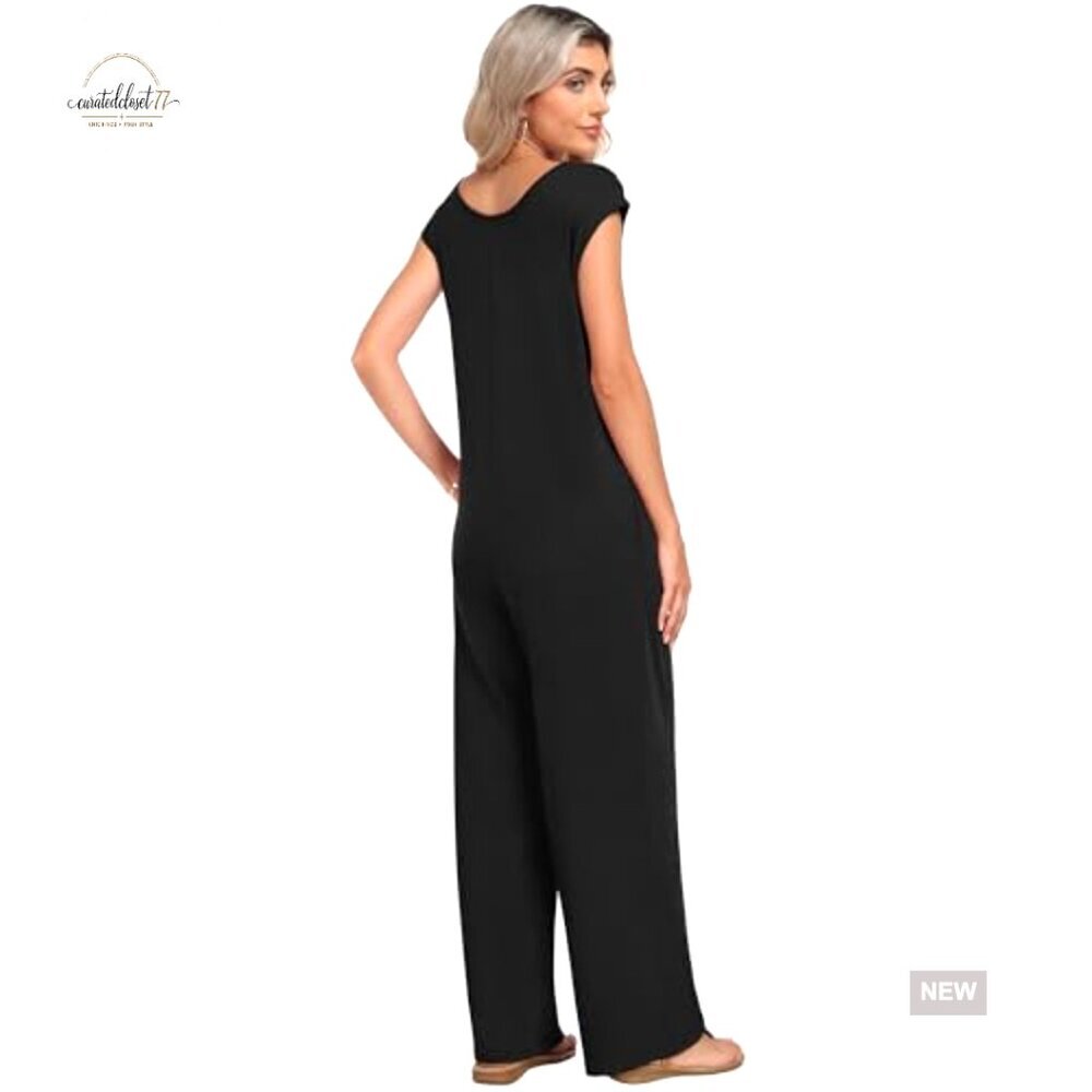 Large Wide Leg Jumpsuit with Pockets, Cap Sleeve, Polyester Blend - Picture 3 of 7